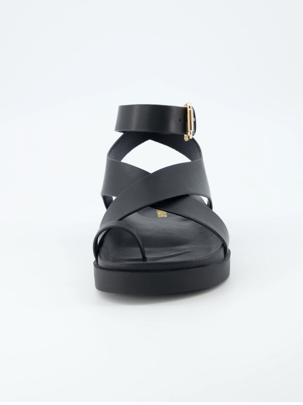 Cushionaire Entry Black Footbed Sandals vegan leather toe loop gold buckle 11W - Picture 10 of 12